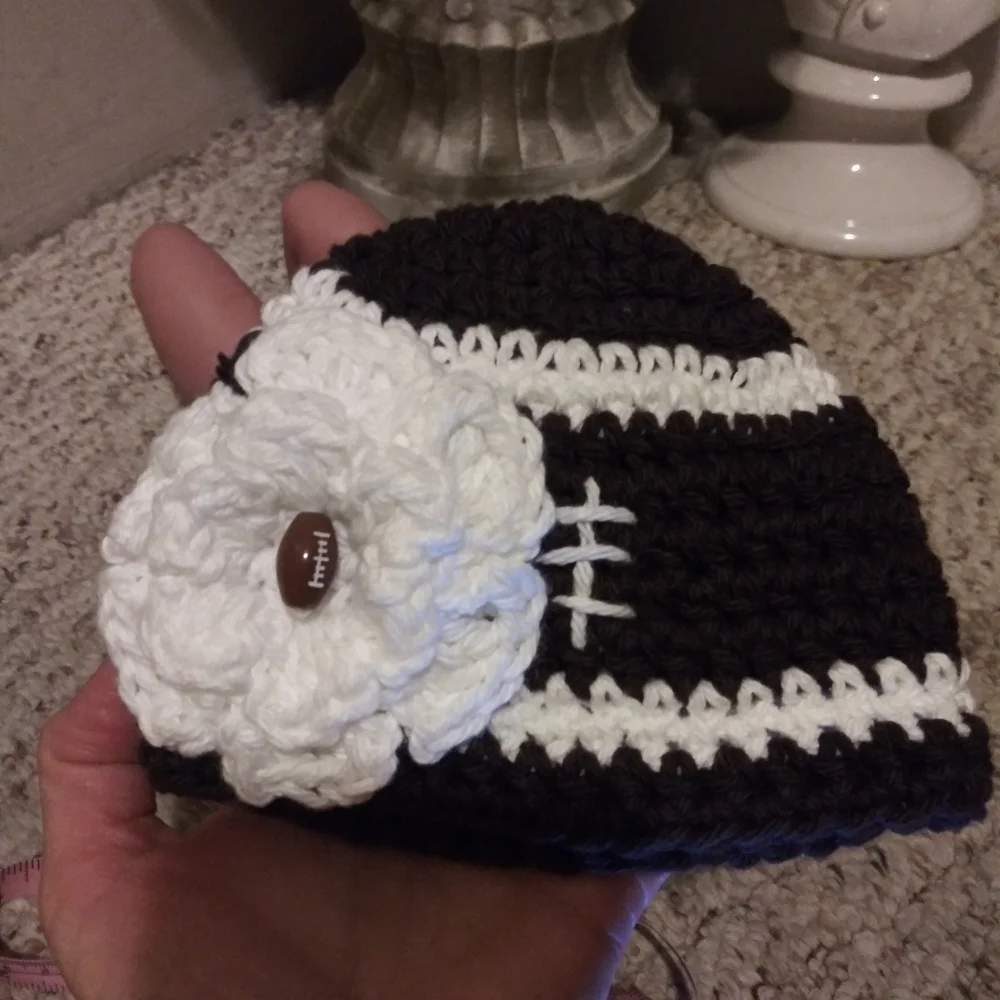 Baby Girl Hand Crocheted Football Themed Beanie - Picture 8 of 8